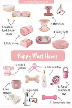 Puppy Must Haves. Cute and stylish items your new puppy will need #puppy #puppymusthaves #amazon Things To Get For Your New Puppy, Cute Puppy Stuff Products, New Dog Must Haves, Things Puppies Need, Puppie Stuff Accessories, New Puppy Necessities, Things For A Puppy, Puppy Necessities List, Pink Puppy Supplies