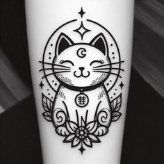 a black and white photo of a cat tattoo on a person's leg with the moon in the background