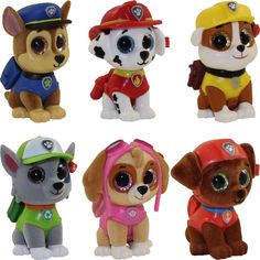 six little puppies wearing fireman hats and vests, all in different colors