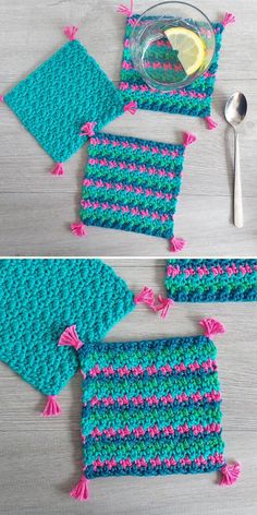 crocheted placemats with pink and blue tassels