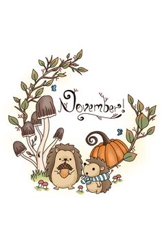 an image of some animals and mushrooms with the words november written in front of them