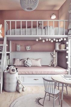 a child's bedroom with bunk beds, desks and toys in the corner