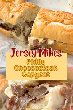 there are two different types of cheesesteak sandwiches on this plate with the words jersey mikes phily cheesesteak copycat