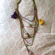 Such A Fun Necklace! Seven Strands Of Different Beads Layered Into One Necklace With Bird Charms And Tassels! Never Worn, Great Condition. Fiber Necklace, String Necklace, Bird Charm, Cool Necklaces, Jewelry Designs, Bead Necklace, Accent Colors, Womens Jewelry Necklace, Favorite Jewelry