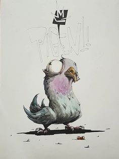 a drawing of a bird sitting on top of a piece of paper with the words pigeonville written above it