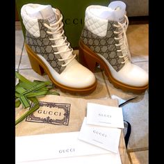 Authentic Gucci Womens Gg Ankle Boot. Brand New Never Worn With Box, Dust Bag, Care Cards. Size 39 -Beige & Ebony Gg Supreme Canvas -White Leather -Quilted Detail -Rubber Lug Sole -Lace Up Closure Designer Beige Ankle Boots, Designer Beige Calf Leather Boots, Elegant Beige Gucci Heels, Gucci Beige High Heels, Gucci Ankle Boots With Reinforced Heel, Gucci Brown Ankle Boots, Gucci High Heel Boots For Fall, Luxury High Heel Cream Boots, Designer Gucci Boots For Fall