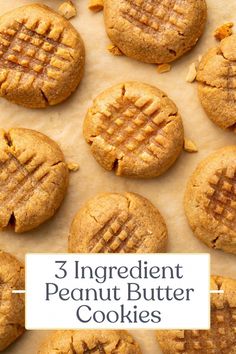 peanut butter cookies with the words, 3 ingredient peanut butter cookies on top and bottom