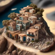 a small village on top of a mountain next to the ocean with rocks and trees