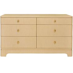 a beige dresser with gold knobs on it's doors and drawers, against a white background