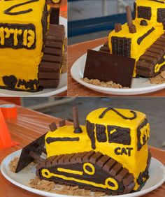 a cake made to look like a bulldozer with chocolate and yellow frosting