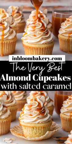 the very best almond cupcakes with salted caramel frosting on top