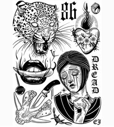 an ink drawing of a woman and a leopard with tattoos on their face, in black and white