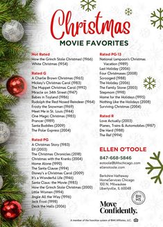 the christmas movie favorites list is displayed on a white background with red and green ornaments