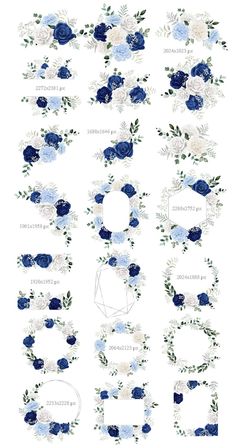 blue and white flowers are arranged in the shape of letters