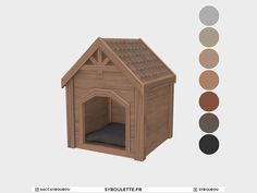 the dog house is made out of wood and has several colors to choose from, including brown