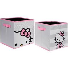 two boxes with hello kitty designs on the front and back, one has pink handles