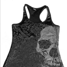 This Is A Tank Top That I Bought At Spencer’s For $32+ Tax A Few Years Ago. I Have Only Worn It Once! Fitted Sleeveless Top With Skull Print, Gothic Sleeveless Top With Skull Print, Edgy Stretch Tank Top For Halloween, Black Stretch Tank Top For Halloween, Punk Black Racerback Tank Top, Black Punk Racerback Tank Top, Black Punk Style Racerback Tank Top, Skull Print Top For Summer Party, Trendy Black Tank Top For Halloween