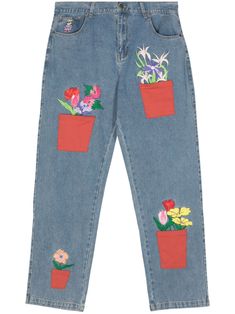 light blue cotton blend denim belt loops classic five pockets floral embroidery embroidered pot logo patch to the rear straight leg concealed fly and button fastening Spring Denim Blue Jeans With Patch Pockets, Spring Cropped Jeans In Denim Blue With Patch Pockets, Spring Cropped Jeans With Patch Pockets In Denim Blue, Blue Straight Leg Pants With Floral Embroidery, Spring Straight Leg Jeans With Patch Pockets, Spring Rigid Denim Jeans With Patch Pockets, Spring Light Wash Jeans With Patch Pockets, Light Wash Jeans With Patch Pockets For Spring, Embroidered Blue Straight Leg Pants