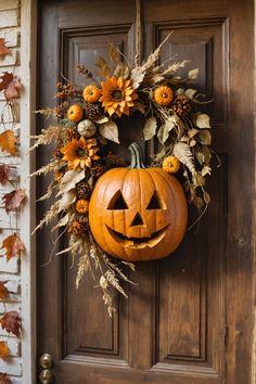 a wooden door with a carved pumpkin on it's side and fall leaves around the wreath