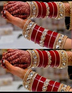 two pictures of hands with bracelets on them