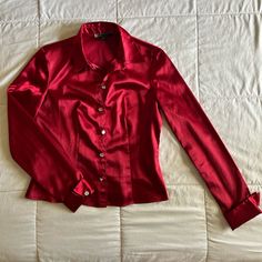 Nearly Brand New, Only Worn Once. Women’s Size 6 (Fits Like A Small). Faux Diamond Buttons Make A Pretty Glam Touch! Red Party Blouse With Buttons, Red Button-up Party Blouse, Red Button-up Blouse For Party, Red Fitted Top For Formal Occasions, Red Party Top With Button Closure, Fitted Tops With Button Cuffs For Night Out, Red Buttoned Party Tops, Red Collared Party Blouse, Fitted Party Blouse With Back Button Closure