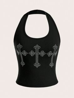 Women's Cross & Rhinestone Decor Halter Neck Tank Top Black Casual   Fabric Geometric Halter High Stretch  Women Clothing, size features are:Bust: ,Length: ,Sleeve Length: Áo Crop Top, Backless Halter Top, Halter Neck Crop Top, Black Punks, Sequin Halter, Halter Tank Top, Halter Tank, Estilo Hip Hop