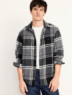 spread collar long sleeves buttoned cuffs button front button-patch chest pockets relaxed fit hits at hip model is approx.  6'1" and wears size mmachine wash according to the care instruction label Plaid Cotton Shacket With Button Closure, Flannel Long Sleeve Shacket With Pockets, Long-sleeved Flannel Shacket With Pockets, Flannel Shacket With Pockets And Long Sleeves, Flannel Shacket With Pockets, Black Collared Flannel Shirt With Pockets, Relaxed Fit Long Sleeve Flannel Shirt With Pockets, Flannel Button-up Shacket With Button Closure, Relaxed Fit Flannel Shirt With Button Closure