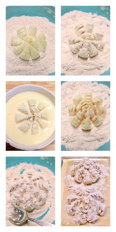 four pictures show the process of making pie crusts with dough and other toppings