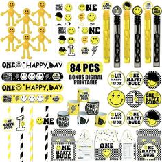 yellow and black birthday party supplies with smiley face stickers, napkins, cups, straw