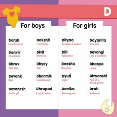 the words for boys and girls are displayed on a pink, purple, and yellow background