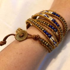 Brown Chan Luu Wrap Bracelet With Gold, White And Navy Beads. Worn Once, Still In Perfect Condition Wrap Around Bracelets, Chan Luu, Wrap Around, Womens Jewelry Bracelets, Blue Brown, Wrap Bracelet, Color Blue, Women Jewelry, Bracelet