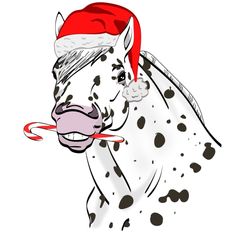 a horse wearing a santa hat and chewing on a candy cane with its mouth open