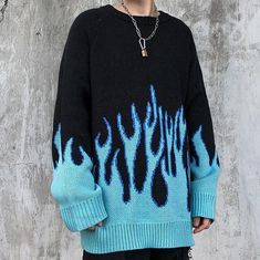 Vintage Blue Flame Sweater Dabi Inspired Outfit, Blue Fall Streetwear Sweater, Blue Oversized Crew Neck Outerwear, Oversized Blue Crew Neck Outerwear, Flame Sweater Outfit, Blue Flame Outfit, Blue Alt Outfits, Blue Flame Sweater, Flame Sweater