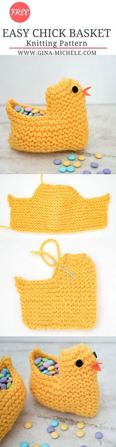 an easy crochet ducky basket is shown with buttons