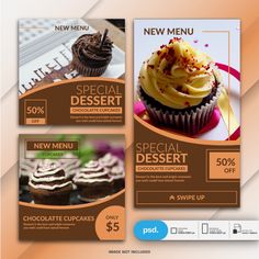 three different menus with chocolate cupcakes on the front and back cover, one for new menu