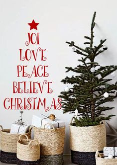 a christmas tree with the words joy love peace believe christmas