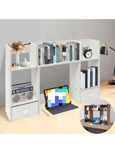 a computer desk with bookshelf and laptop on it