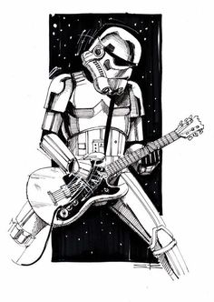 a drawing of a star wars character playing an electric guitar in front of a black and white background