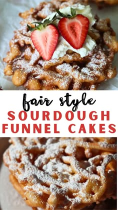 some type of funnel cake with strawberries on top and powdered sugar on the bottom