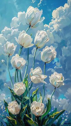 a painting of white tulips against a blue sky with clouds in the background