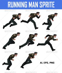 multiple images of a man in black suit running with his arms out and legs spread wide