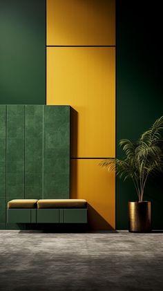 a green and yellow room with two planters on either side of the wall, and a bench in front of it