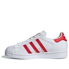 Adidas University Red Sneakers For Sports, University Red Adidas Sneakers For Sports, Red Adidas Sneakers With Round Toe, Adidas Red Three Stripes Sneakers, Red High-top Sneakers With Three Stripes, Red Adidas Sneakers With Synthetic Material, Red Adidas Sneakers For Sports, White Running Sneakers With Three Stripes, Red Sneakers With Three Stripes For Sports