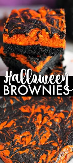 halloween brownies with orange and black icing on them