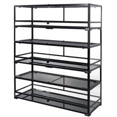 a black shelf with several shelves and drawers