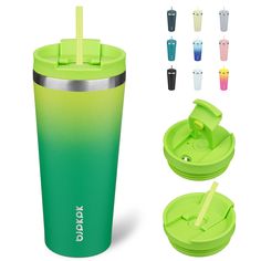 the drink cup has two straws in it and is green with different colored cups around it