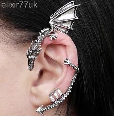 Snake Ear Cuff, Dragon Ear Cuffs, Dragon Snake, Snake Ears, Grunge Accessories, Rough Gems, Dragon Earrings, Silver Dragon, Vintage Gothic