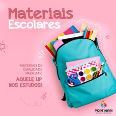 a back pack filled with school supplies on top of a pink background that says material escolares