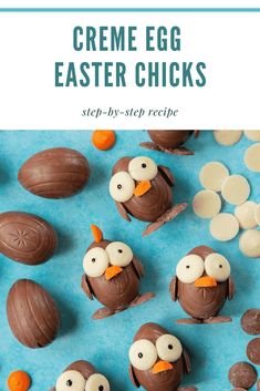 chocolate eggs decorated like birds with the words creme egg easter chicks on top and below