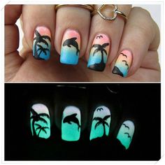 Cute Gel Nail Designs, Nails Glow In The Dark, Dolphin Nails, Dark Gel Nails, Island Nails, Dark Nail Art, Tropical Nail Art, Bright Nail Art, Halloween Nails Diy